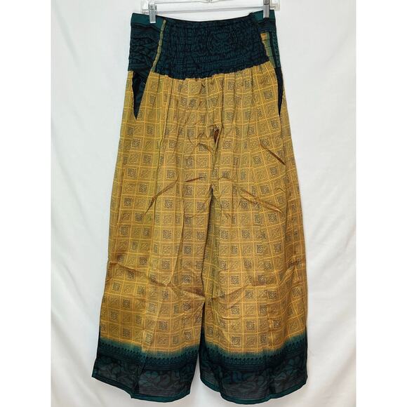 NWT Junglee Billee Women’s Gold Green Tribal Print Kulot Pants Wide Leg Boho - Picture 2 of 9